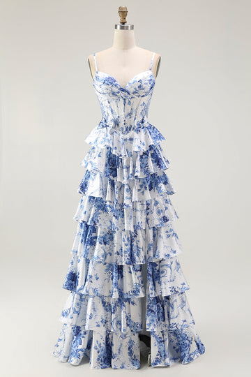 Corset floral blanc bleu Une Robe de soirée à plusieurs niveaux